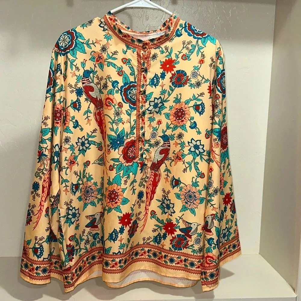 Floral Parrot Print Long-Sleeve Blouse in gold.
